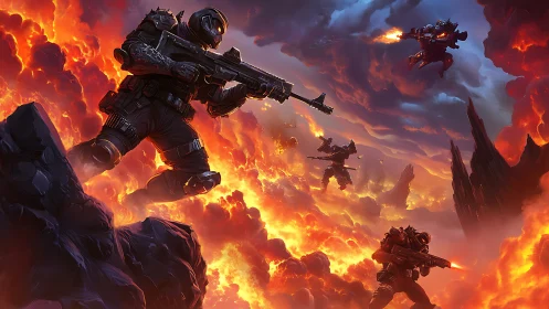 Armored skyfire squad crossing a storm of molten clouds.