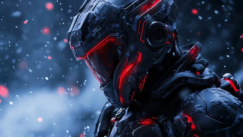 Armored cyber soldier stands in frozen storm lit by red neon