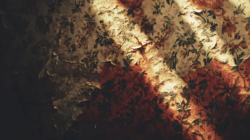 Distressed floral wallpaper in chiaroscuro photographic study.