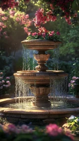 Sunlit stone fountain cascades through blooming garden roses