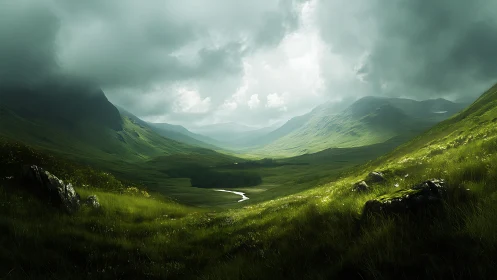 Stormy green valley with mountains and winding river.