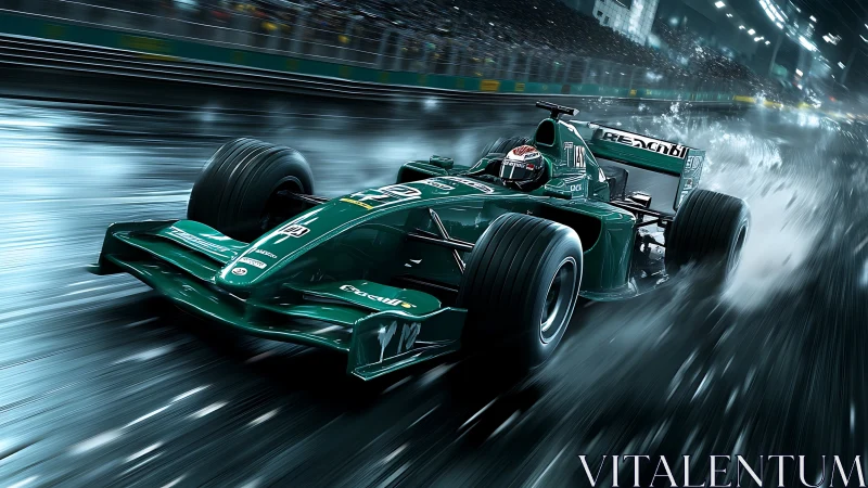 Green F1 car racing through wet illuminated city circuit.