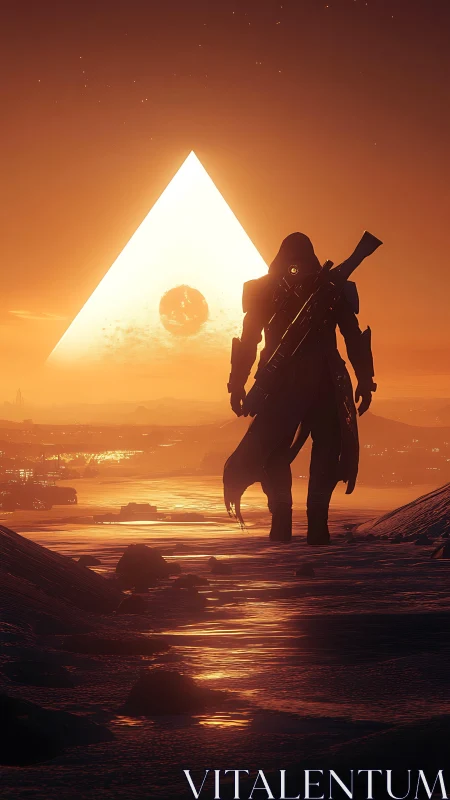 Silhouetted sci fi wanderer before radiant triangular portal