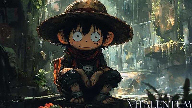 Straw hat child explorer in lush rainy urban ruin environment