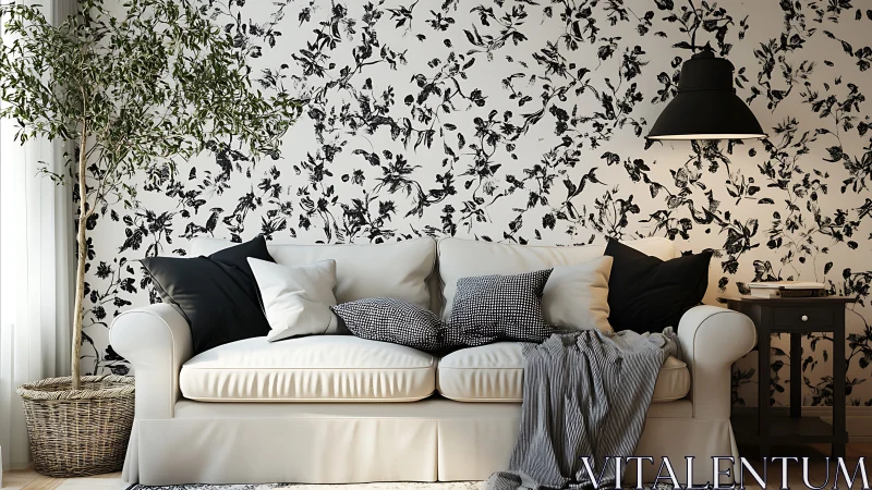 Neutral living room with floral wallpaper and white sofa.