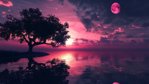 Moonlit pink horizon welcomes a quiet dreamers shoreline