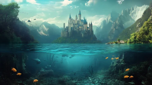 Castle stands above alpine lake with detailed underwater cross-section