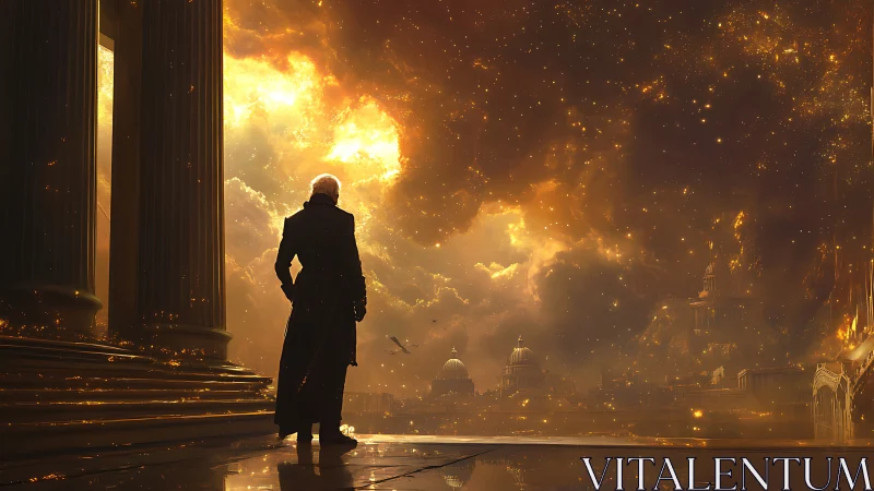 Backlit figure surveys glowing neoclassical city under turbulent sky