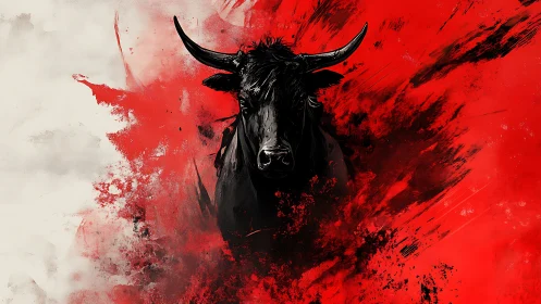 Bull head rendered in black within red abstract field.