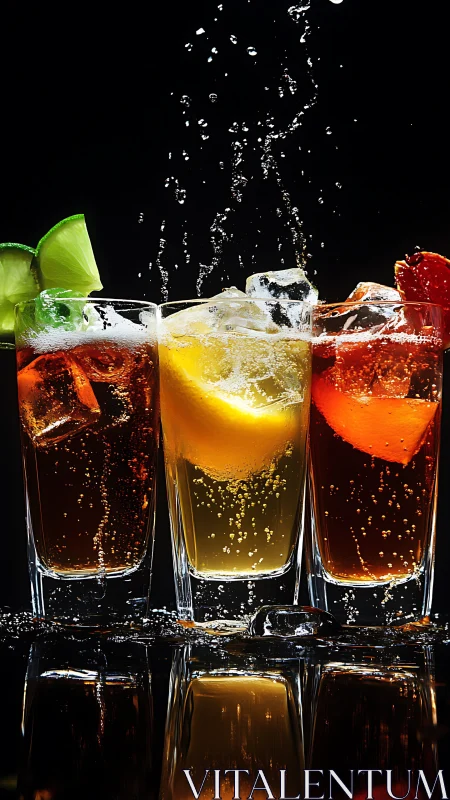 Three Carbonated Beverage Compositions Captured Mid-Splash with Dynamic Ice and Citrus Garnish