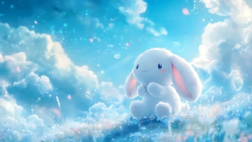 Fluffy white bunny rests under glowing pastel sky.