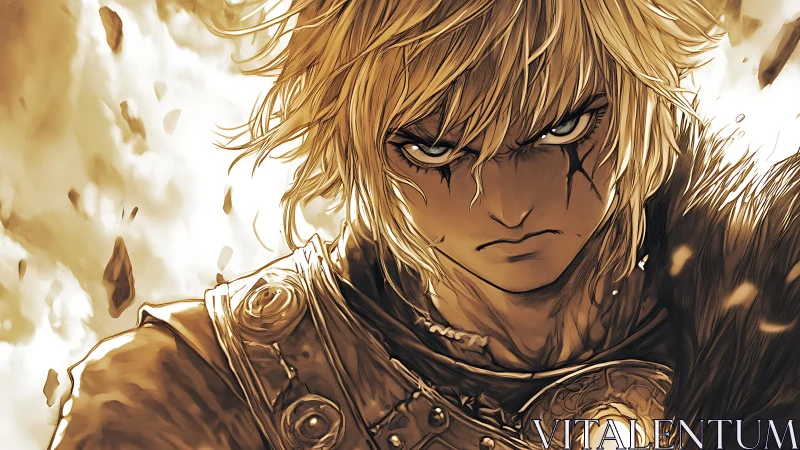 Blond armored warrior stares forward with intense resolve