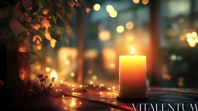 Candlelit still life with shallow depth of field and warm bokeh lighting