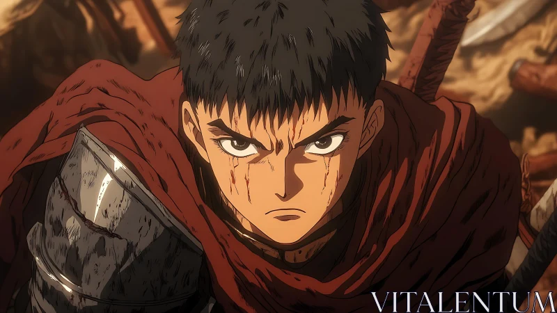 Battle-hardened warrior in bloodstained cloak, intense gaze.