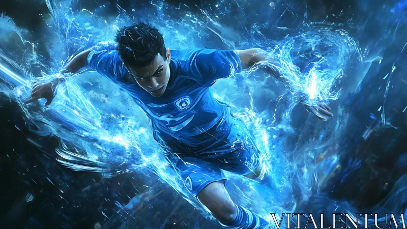 Electric blue striker sprinting through waves of pure energy.