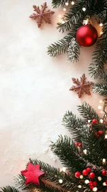 Pine branches with red ornaments border a textured surface