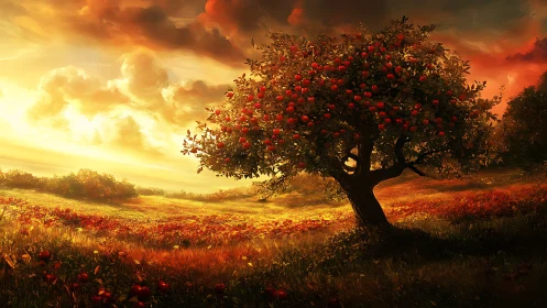 Solitary apple tree in illuminated rural field at sunset.