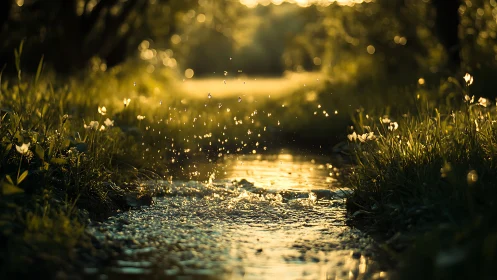 Golden hour creek with sparkling water droplets in motion.