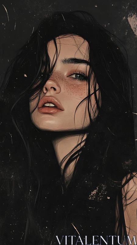Moody digital portrait isolates a freckled face in dark chiaroscuro