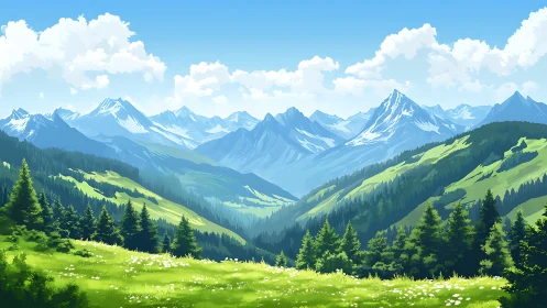 Sunlit alpine valley breathing under storybook peaks.