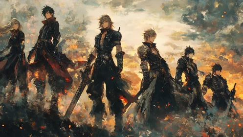 Warrior squad stands united against a burning stormy sky