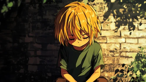 Melancholic child under fragmented courtyard sunlit shadows.