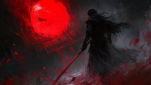 Lone swordsman silhouette under oversized crimson eclipse
