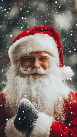 Smiling Santa in softly falling snow spreading cozy cheer.