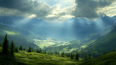 Sunlit valley dreamscape under brooding mountain clouds.