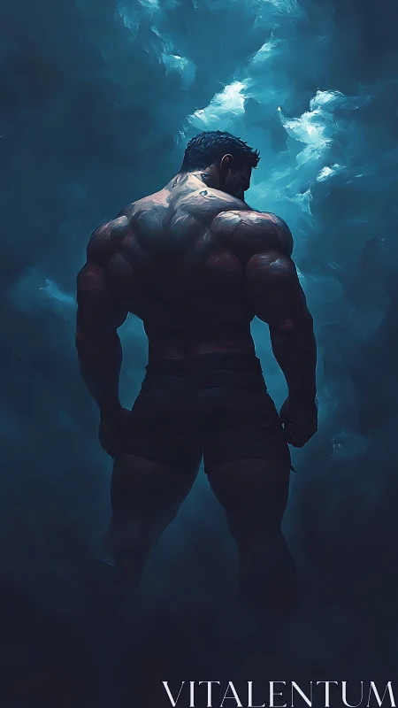Powerful figure stands tall in stormy blue atmospheric light
