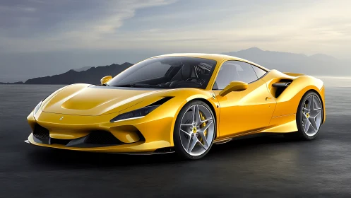 Aerodynamic yellow supercar in coastal dawn illumination.