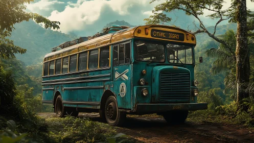Old turquoise bus stands on dirt road in dense green hills
