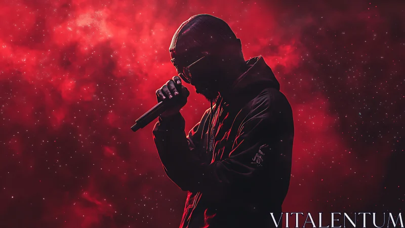 Silhouetted rapper performs against vivid cosmic red sky.