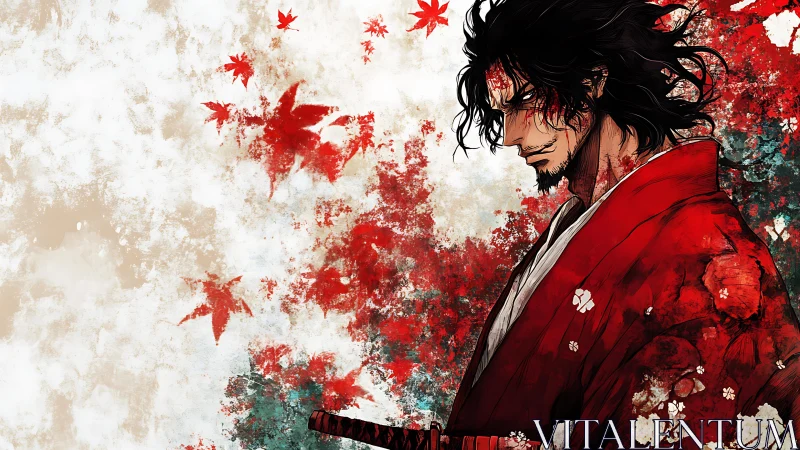 Samurai warrior in red kimono amid abstract maple leaves.