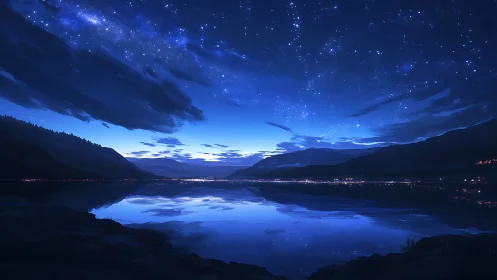 Calm starlit lake with distant mountains and town lights.