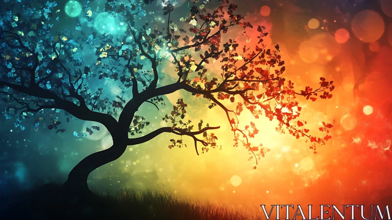 Dreamlike bokeh-lit tree crossing cool and warm skies.