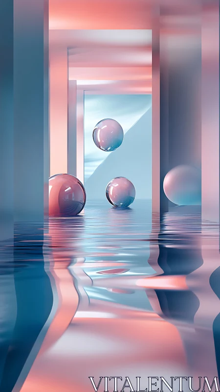 Geometric corridor with reflective spheres above rippled water.