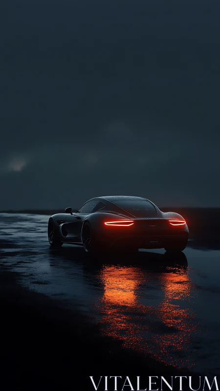 Sleek sports car on wet road at night with red taillights.