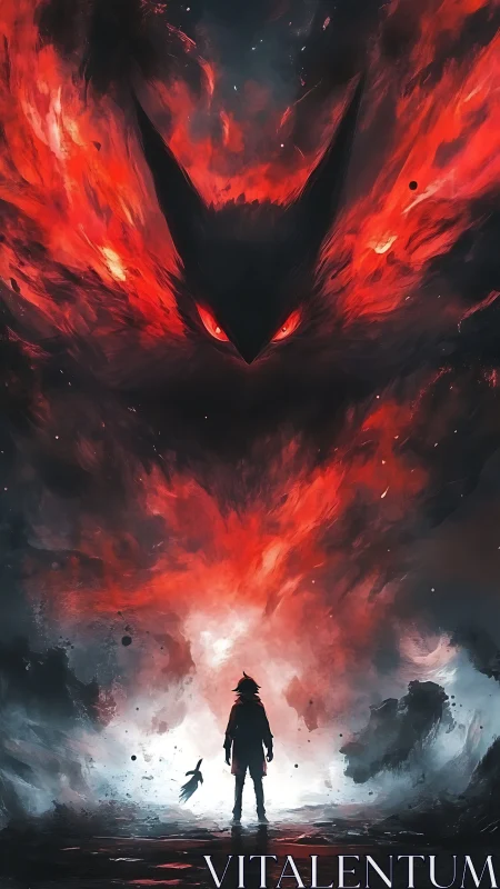 Stormlit hero stands beneath a vast fiery shadow guardian