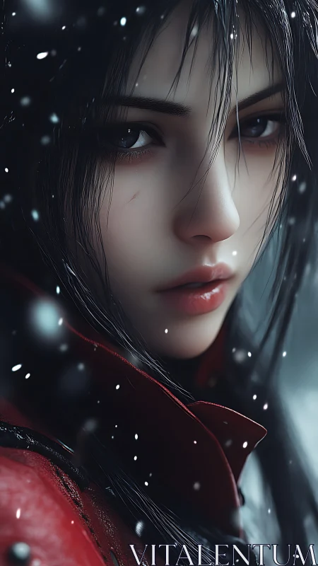 Snowlit woman in red coat holds intense winter gaze