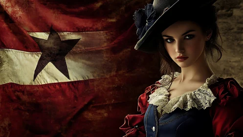 Regal revolutionary woman before weathered star banner.