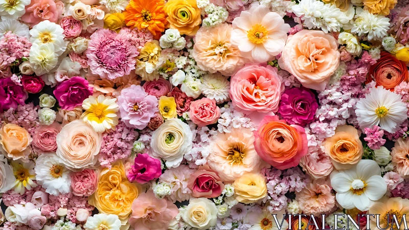 Densely layered floral arrangement displays vibrant blooms in coordinated warm tones