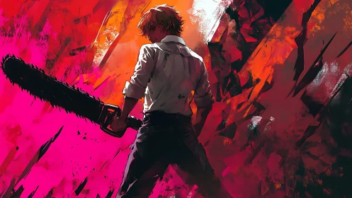 Chainsaw rebel stalks through a neon storm of fractured light