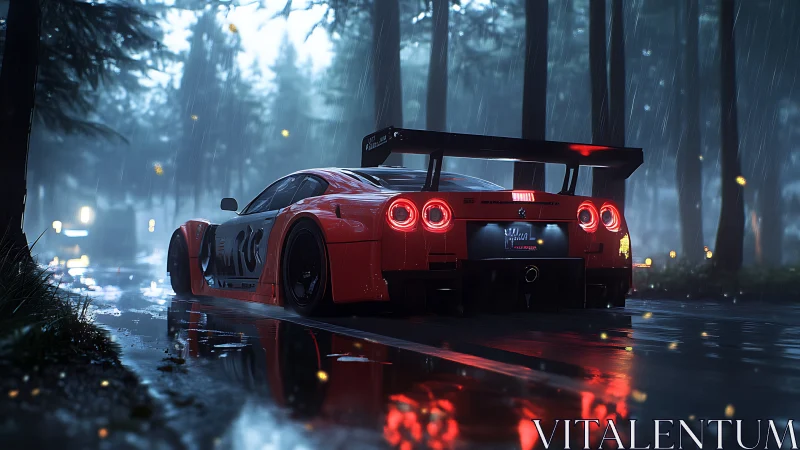 Red GT race car on wet forest road at night in rain.