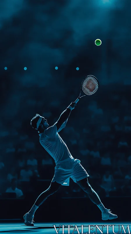 Tennis player serves under dramatic arena spotlight.