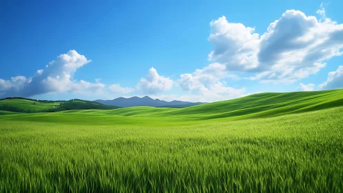 Green hills under bright blue sky with distant mountains.