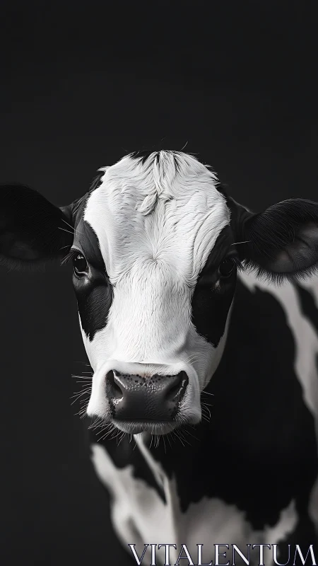 Black and white cow portrait on uniform dark background.
