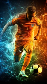 Soccer player in orange kit with dynamic dual color field.