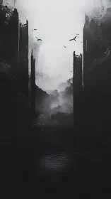 Misty gateway of ruined towers above a silent dark river.