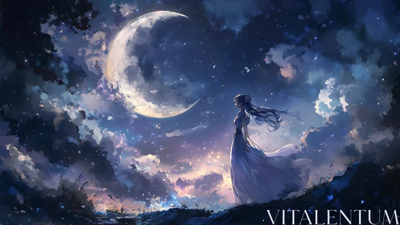 Woman in flowing dress stands below large crescent moon